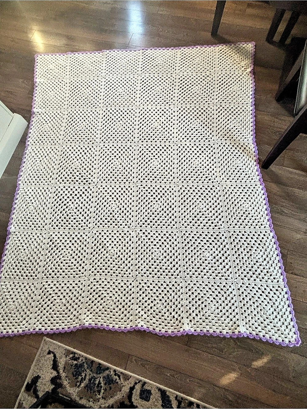 Handmade Crochet Blanket in White & Purple 62”x75”